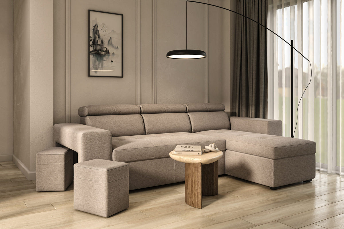 Canapea extensibilă de colț Newton – în ambient de living, configurație spre dreapta
