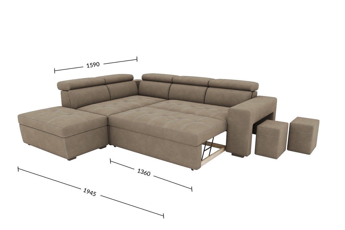 Canapea extensibilă de colț Elegant – vedere frontală cu dimensiuni