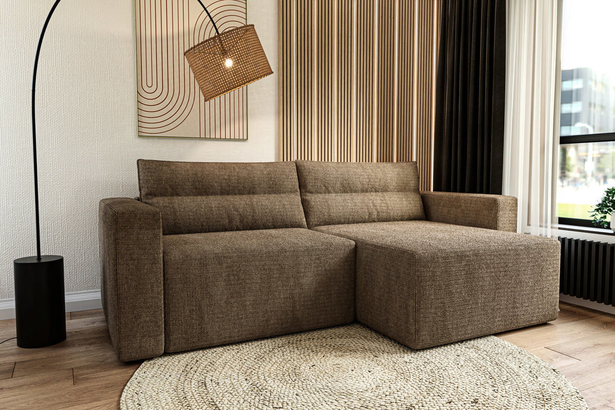 Canapea extensibilă de colț Silver – în ambient de living, variantă maro
