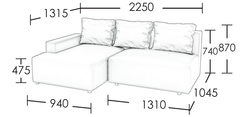 Canapea extensibilă Denver – schiță cu dimensiunile în poziția canapea