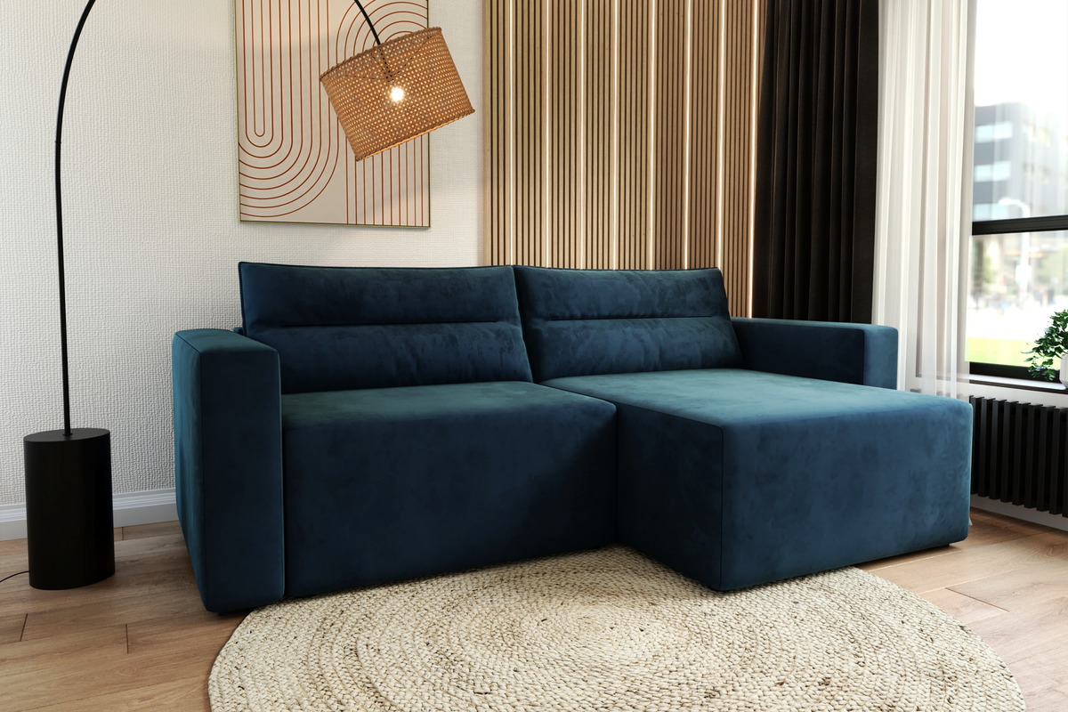 Canapea extensibilă de colț Silver – în ambient de living, variantă albastră