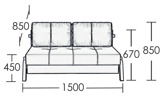 Canapea Oxford 1.4 Mini, schiță cu dimensiuni 150 × 85 × 85 cm