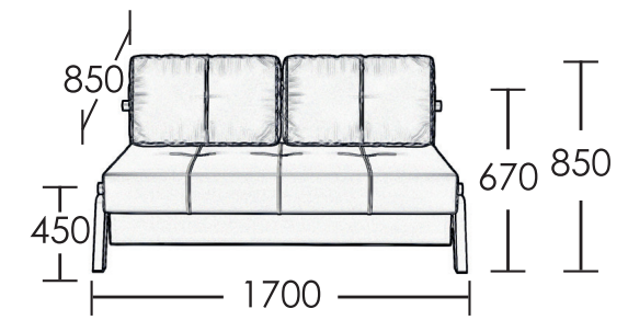Canapea Oxford 1.6 Mini, schiță cu dimensiuni 170 × 85 × 85 cm